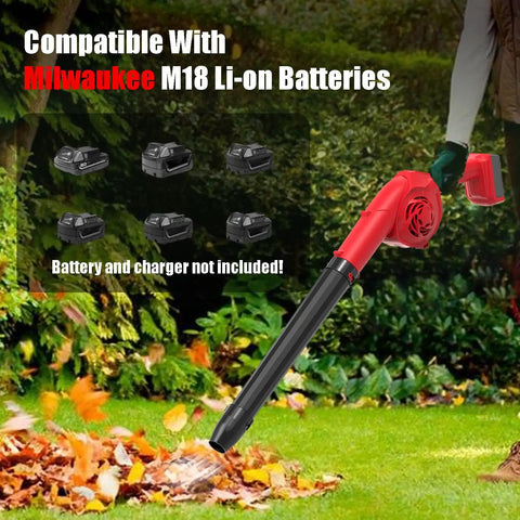 M18 Battery Compatible Cordless Leaf Blower With 320 CFM Airflow And 180 MPH Wind shown in garden setting with multiple batteries