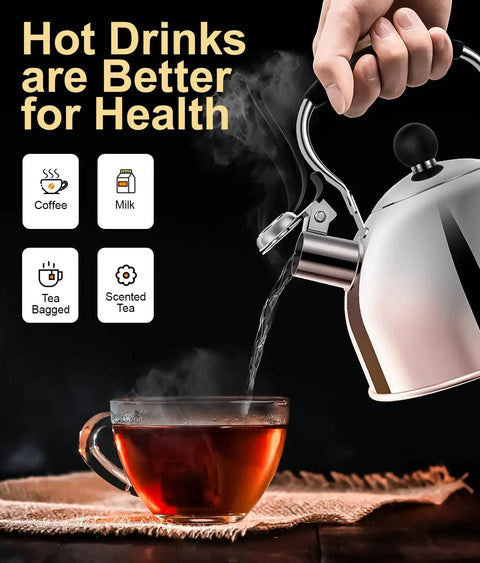 Person pouring hot water from Stovetop Whistling Tea Kettle, 2 Quart Stainless Steel Pot into glass cup of tea on table
