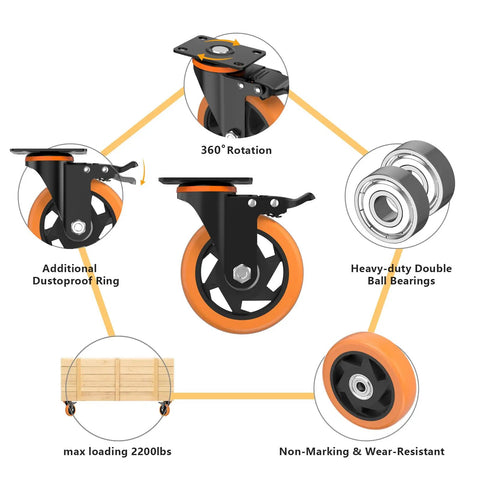 Sweet Rolling 4 Inch Caster Wheels Set Of 4 Heavy Duty Swivel Casters With Brake, showing 360° rotation and double ball bearings.