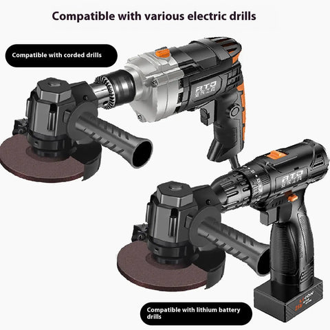 Badass Drill To Angle Grinder Adapter That Swaps Your Standard Hand Drill Into A Heavy Duty Rotary Polisher and Quick Cut Tool for top shelf grind every weekend, showcasing both corded and battery-operated drills.