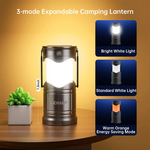 Four Pack Solar Camping Lanterns USB Rechargeable LED Lanterns Portable Battery Powered Lights With Three Modes For Power Outages Emergency Prep Indoor And Outdoor Use shown expanded with 3-mode lighting options