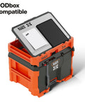MODbox Tray Work Top Grab And Go Portable Work Surface on orange modular workbench with tilted easel and small parts tray