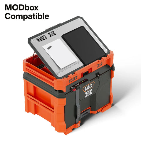 MODbox Tray Work Top Grab And Go Portable Work Surface on orange modular workbench with tilted easel and small parts tray