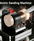 Compact Cordless Bench Grinder With 100 Watt Power For Wood Metal Jewelry Polishing, sparks flying from grinding wheel.