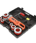 Job Ready Electric Pipe Threader Kit Featuring A Beefy 2300W Motor And Sleek Handheld Build Includes Six Heavy Duty Die Heads For Flawless One Half To Two Inch Pipe Threading Built Different For Local Tradesmen. Electric pipe threader kit with six die heads in carry case.