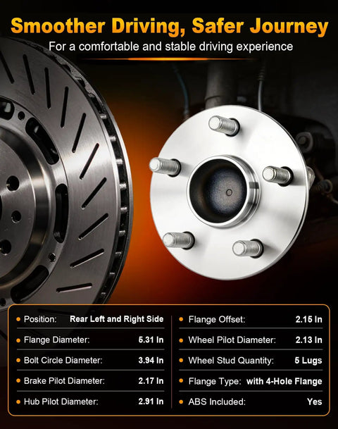 Heavy Duty Rear Wheel Hub And Bearing Assembly 2 Piece Set Built Badass Tough For Toyota Corolla Matrix Prius Vibe Fwd 5 Lug Abs Ready close-up with flange and brake disc.