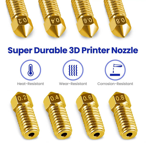 Top Tier Brass Nozzle Replacement Kit For AnkerMake M5 And M5C 3D Printers showing nozzles with sizes 0.2 to 0.8mm.