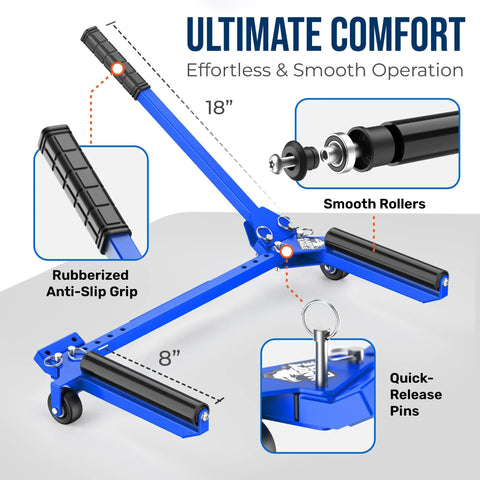 Foldable Adjustable Tire Dolly Ready To Roll Straight From The Box With Two Forty Pound Load Capacity. Features smooth rollers and rubberized grip.
