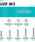 M3 Button Head Socket Cap Screws And Hex Nuts Assortment Kit With Flat And Lock Washers Crafted From Slick 304 Stainless Steel, showing sizes and quantities.
