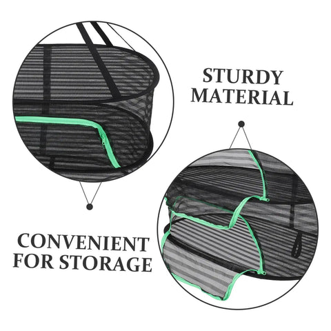 Close-up of top shelf hanging drying rack with breathable mesh net, sturdy black material, and convenient storage zippers.