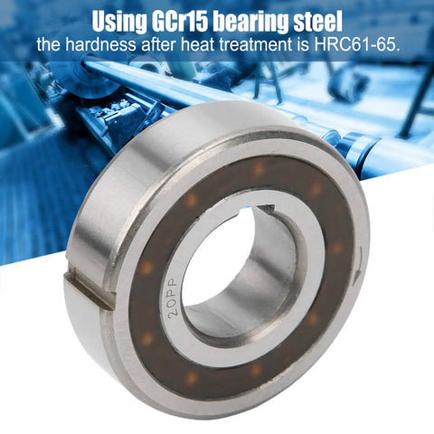 Workhorse One Way Sprag Clutch Bearing With Dual Keyway Freewheel Design And Rock Solid GCR15 Steel Build Made To Handle Textile Machines Automotive Shops And Printing Floors 20x47x14Mm close-up of GCr15 steel bearing, showcasing its smooth surface and internal design.