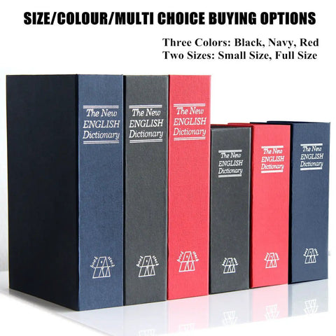 Multiple hidden book safes with combination lock in black, navy, and red. Illustrated dictionary covers for home or office use.