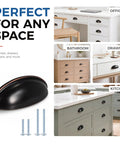 Slick Oil Rubbed Bronze Cup Pulls For Kitchen Cabinets And Drawers 3 Inch Hole Centers 15 Pack displayed with screws, ideal for kitchen and bathroom use.