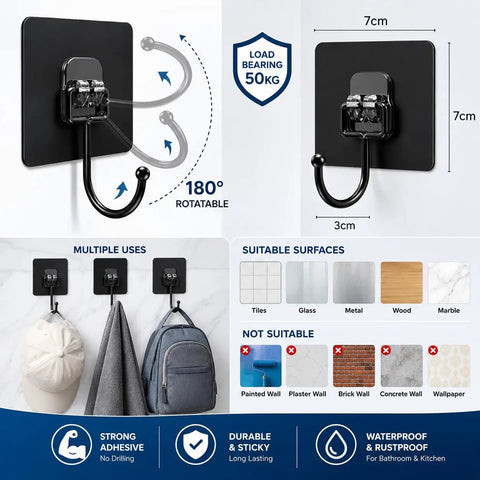 Heavy Duty Wall Hanger Hooks No Drill Setup Durable Black Interior Storage Mounts For Coats Hats Bags And Toolboxes Rock Solid 14 Pack with rotatable design