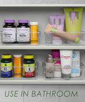 Clear Drawer Organizer Set Of 4 Pieces For Office, Home, Kitchen And Makeup Storage, Grab And Go Crystal Clear Plastic Modular Box Trays For Junk Drawers on bathroom shelf, showcasing vitamins and skincare items.