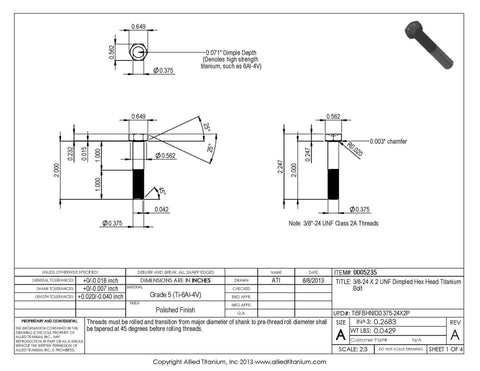 Top Shelf Grade Five Titanium Hex Head Bolts 3/8-24 By 2 Inch Unified National Fine Thread Pack Of Three dimensions and specifications sheet