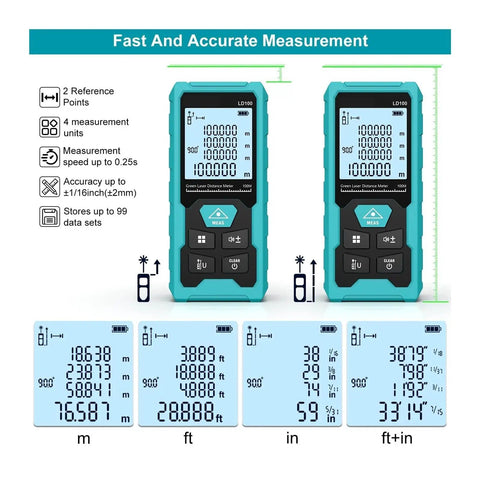Heavy Duty 100 Meter Green Laser Rangefinder Rechargeable Digital Distance Measuring Tool For Contractors And Tradesmen Crews showing measurement screen details.