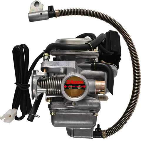 Badass Top Shelf GY6 125CC 150CC Carburetor Kit PD24J 24MM with electric choke and air intake for scooters, ATVs, and go-karts.