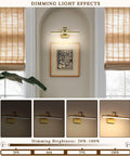 LED Picture Light For Art And Frames Dimmable 15.5 Inch Brass Wall Lamp in various dimming settings above framed art