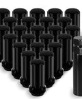 Heavy Duty 24 Pack 14Mm X 1.5 Wheel Lug Nuts With Conical Seat And Long Extended Spline Design In Matte Black Finish Fits Six Lug Aftermarket Rims Comes With Socket Key For Rock Solid Grip, displayed in a group.