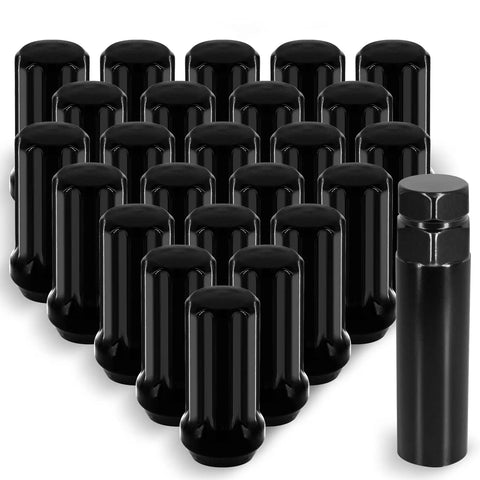 Heavy Duty 24 Pack 14Mm X 1.5 Wheel Lug Nuts With Conical Seat And Long Extended Spline Design In Matte Black Finish Fits Six Lug Aftermarket Rims Comes With Socket Key For Rock Solid Grip, displayed in a group.