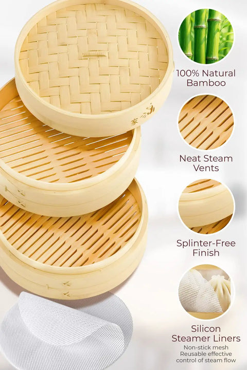 8 Inch Bamboo Steamer Basket With 50 Liners, Organic kitchen workhorse showcasing neat steam vents and splinter-free finish.