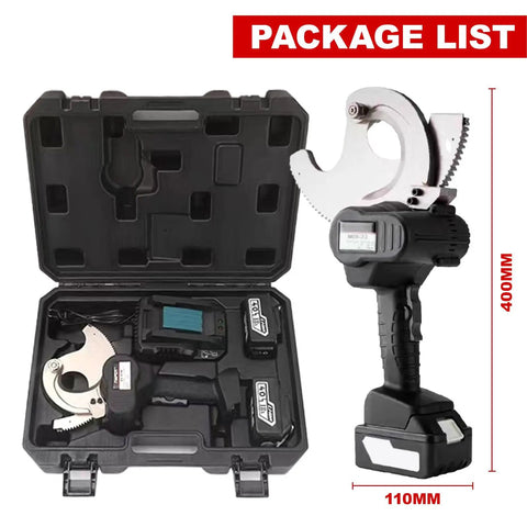 18V Battery Powered Cable Cutter With Electric Ratchet, open case with cutter, two batteries, alloy steel head visible