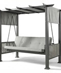 2 In 1 Convertible Porch Swing Bed For Three With Wicker Armrests And Adjustable Canopy in iron gray, outdoor patio setup
