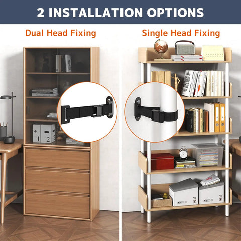 Heavy Duty Anti Tip Furniture Anchors With Tough As Nails Base And No Sweat Quick Release Wall Safety Kit installation options shown.