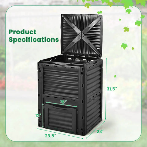 80 Gallon Outdoor Compost Bin With Top Lid And Bottom Door Aerating Design, Weatherproof PP Plastic, shown in specifications view