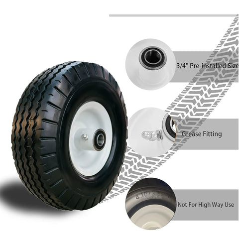 10 Inch Solid Tire And Wheel 4.10/3.50-4 Puncture Proof Cart Wheels 2 Pack showing pre-installed grease fitting and tread details.