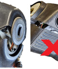 Two-view of black steering column cover shroud for 99-00 Silverado; left proper install, right improper fit.