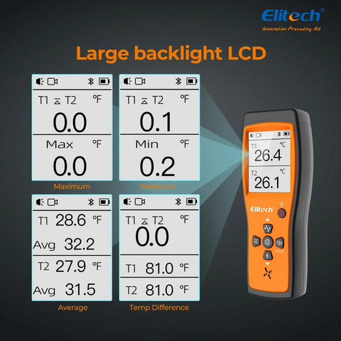 Two Channel Bluetooth Thermocouple Thermometer And Digital Temperature Data Logger For HVAC Lab On The Go With Real Time App Monitoring 5000 Point Capacity Optional OTA Firmware Upgrade Adjustable Compensation CSV And PDF Reports with large backlight LCD showing temperature readings.