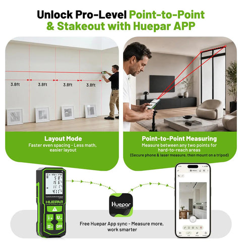 Straight Up Legit Bluetooth Laser Distance Meter With Angle Sensor Delivers Rock Solid Accuracy Over 395 Foot Range For Quick Room Estimates And Dads Who Dig Heavy Duty Gear in use with Huepar APP for layout and point-to-point measuring.