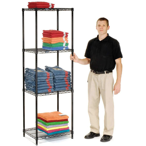 Top Notch 4 Tier Adjustable Wire Shelving Unit 18 X 24 X 74 Inches, NSF Certified shown with folded towels and jeans.