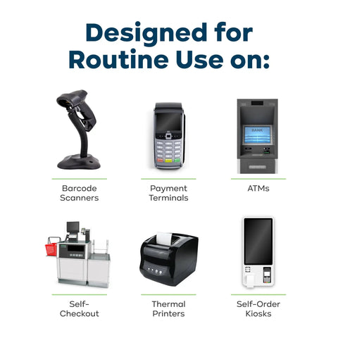 Image showing devices: Barcode Scanners, Payment Terminals, ATMs, Self-Checkout, Thermal Printers, Self-Order Kiosks for cleaning use.