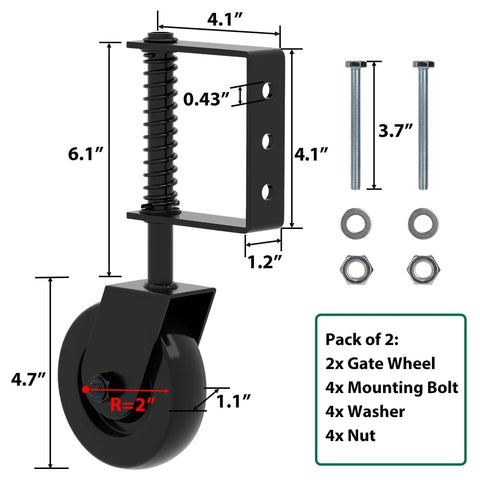 Badass Heavy Duty Gate Wheels 4.3 Inch Solid Steel Roller With Spring Shock Absorption Black Rust Proof Finish That Rolls Like A Dream And Keeps Things Tight Two Pack with measurements and hardware.