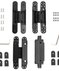 Rock Solid Black Hidden Door Hinges For Flush Wood Panels, Heavy Duty Concealed Butt Hardware shown with screws and installation pieces.