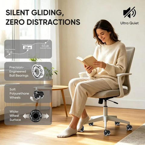 Heavy Duty Five Pack Super Slick Office Chair Caster Wheels With Silent Dual Bearings For Dang Smooth Swivel Glide On Hardwood Or Carpet, showing silent gliding wheels.