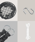 Chill Out Hammock Chair With Macrame Swing parts, including grey rope, metal rings, S-hook, and white hanging cord.