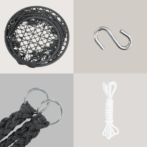 Chill Out Hammock Chair With Macrame Swing parts, including grey rope, metal rings, S-hook, and white hanging cord.