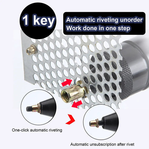 Slick Cordless Automatic Riveter Packed With Rugged 5.2Ah Battery showing automatic rivet tool on metal sheet with one-click functionality.
