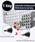 No Wire Drama Cordless Rivet Gun Set featuring automatic riveting process on metal sheet for easy use in DIY projects.