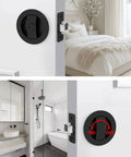 Matte Black Round Pocket Door Lock Set For Two One Eighth Inch Bore on bedroom and bathroom doors, reversible latch shown