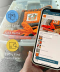 Person using QR Code Sticker Pack For Storage And Inventory Tracking 48 Labels Color Coded System With App on clear storage box
