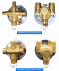 Four Way Brass Shower Valve With G Half Inch Threads shown from above, highlighting multiple outlet configurations and connections.