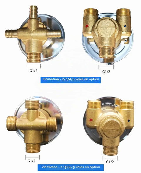 Four Way Brass Shower Valve With G Half Inch Threads shown from above, highlighting multiple outlet configurations and connections.