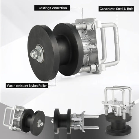 Badass Sliding Gate Rollers For Chain Link Fencing With 4 Inch Post Mounting Heavy Duty Nylon Cantilever Wheels close-up showing wear-resistant nylon roller and galvanized steel U bolt.