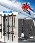48 Inch Ski Rack Wall Mount With Hella Heavy Duty Holders For Garage And Shed Featuring Grippy Rubber Clamps Holds 12 Pairs Skis Snowboards on wall.