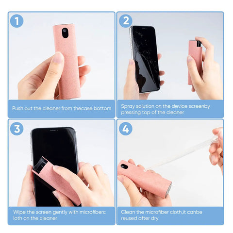Steps showing the use of 6 Pack Screen Cleaner Kit 2 In 1 Touchscreen Mist Cleaner, Spray And Wipe With Microfiber Cloth for devices.